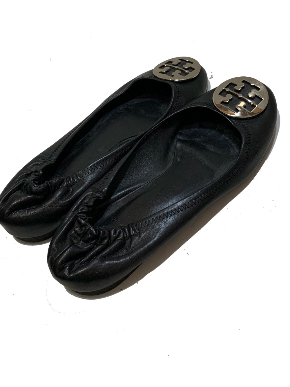 Tory Burch Black Leather Logo Round-Toe Ballet Flats